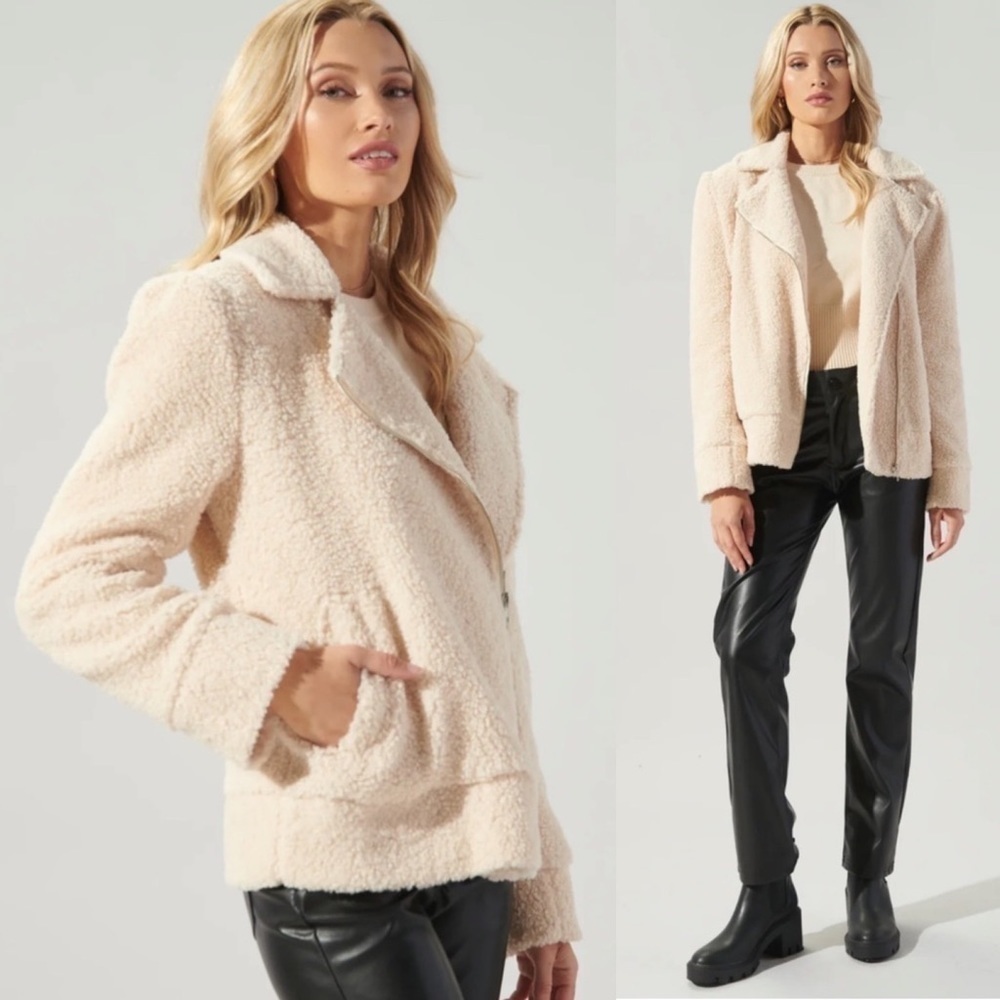 NEW! SUGARLIPS- Cream Beige Neutral Rowan Faux Sherpa Moto Jacket NWT Size Large
